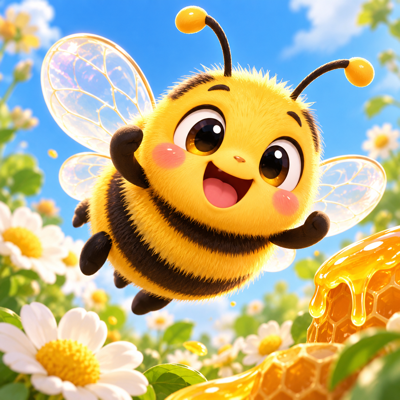 Happy golden BumbleBloop mascot flying above flowers