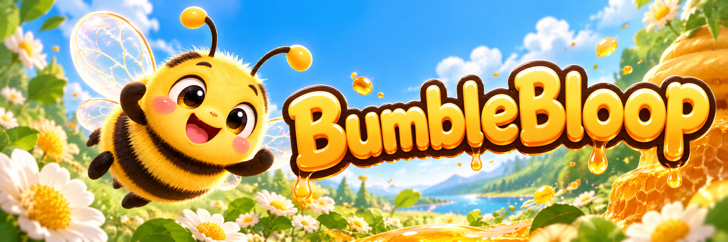 BumbleBloop flying through a bright honey meadow